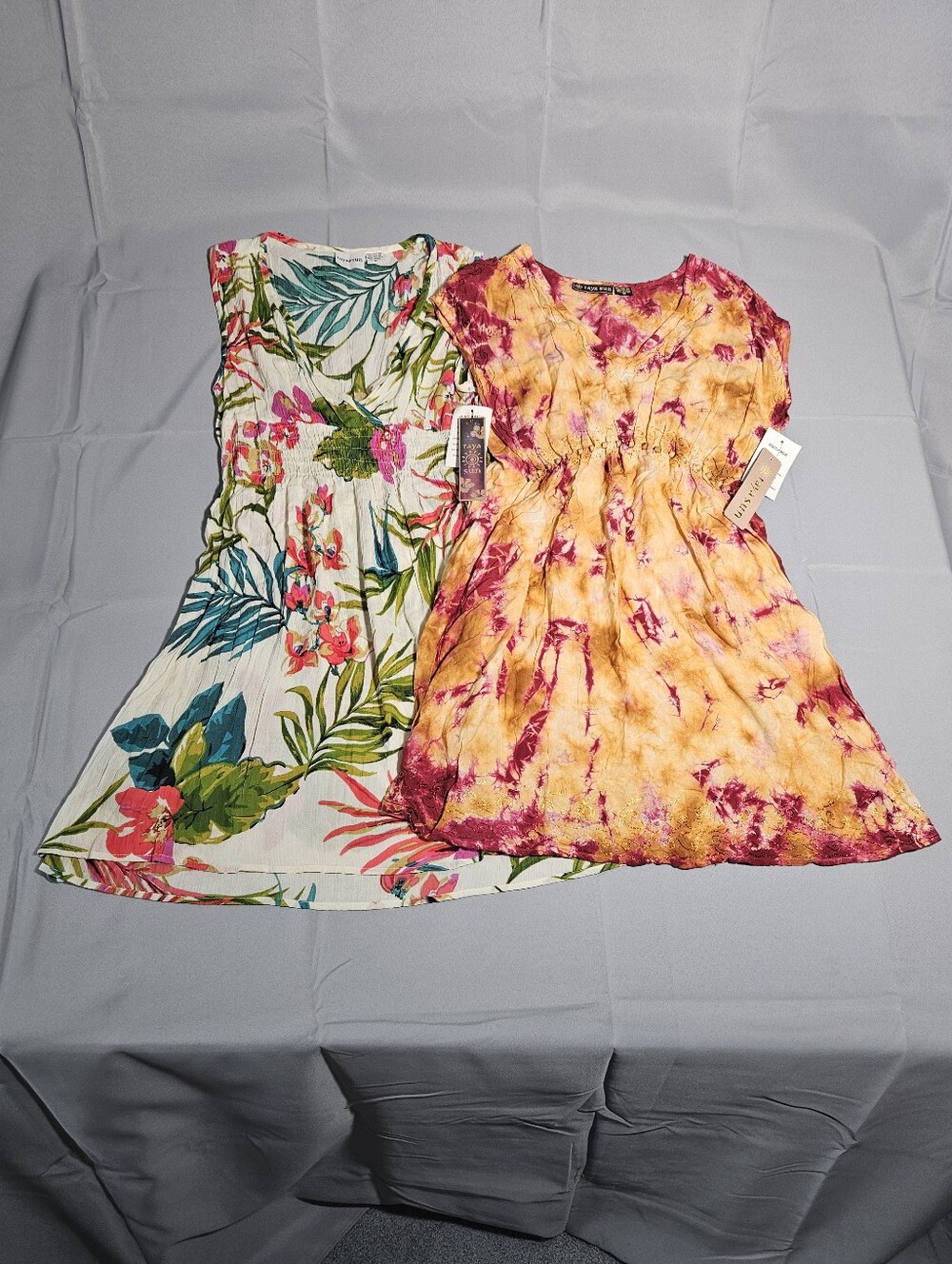 Raya Sun Swim Wear Cover Up Tie-dye/ Floral Vneck Mini Dress NWT Size M Lot Of 2